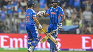 India’s Sanju Samson and India’s Ishan Kishan during the ICC T20 World Cup Semi Final match between India and England at Wankhede Stadium in Mumbai on March 5, 2026. | Photo Credit: Emmanual Yogini