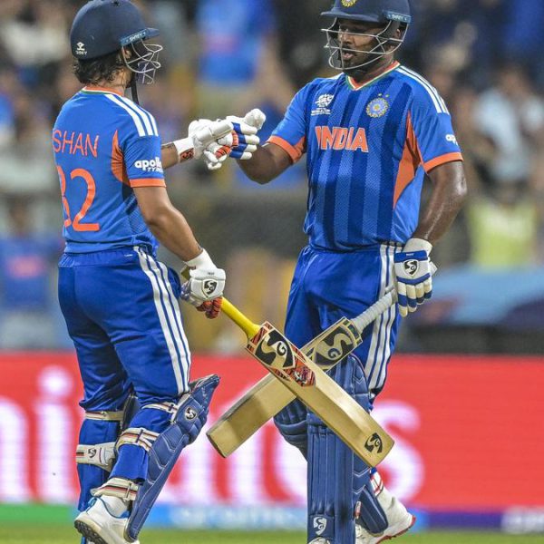 India’s Sanju Samson and India’s Ishan Kishan during the ICC T20 World Cup Semi Final match between India and England at Wankhede Stadium in Mumbai on March 5, 2026. | Photo Credit: Emmanual Yogini