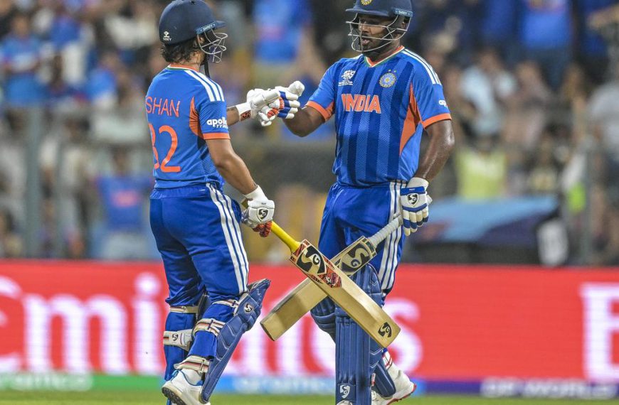 India’s Sanju Samson and India’s Ishan Kishan during the ICC T20 World Cup Semi Final match between India and England at Wankhede Stadium in Mumbai on March 5, 2026. | Photo Credit: Emmanual Yogini